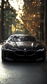 Black BMW concept car on forest road at sunset light.