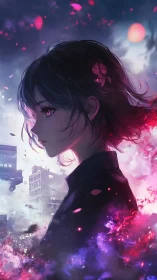 Side-lit anime profile integrates neon bokeh and spectral particle bloom