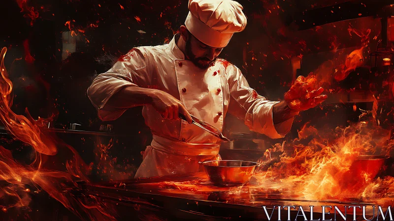 Chef performing high-temperature cooking with intense flames and fire