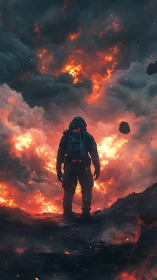 Astronaut Standing Before Massive Volcanic Explosion