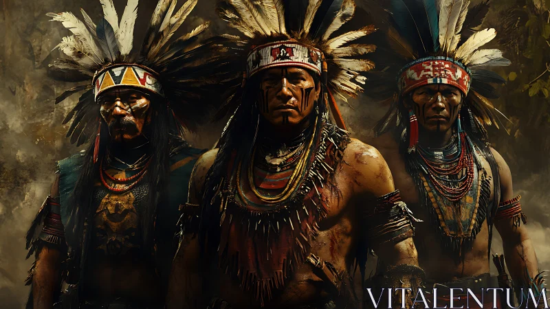 Three Indigenous warriors in feathered headdresses stand firm.