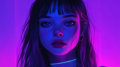 Neon glow wraps a thoughtful girl in dreamy purple light