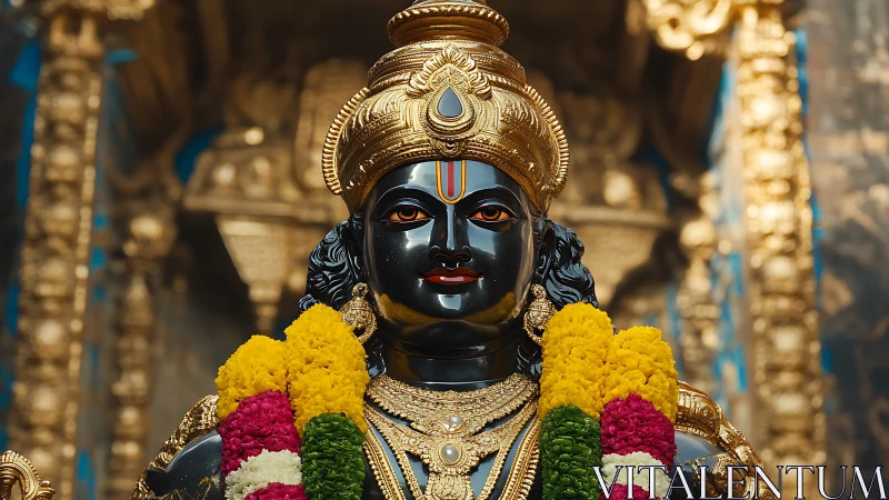 Radiant Hindu deity statue adorned with vivid flower garlands.