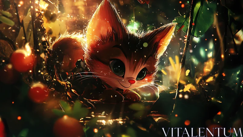 Cartoon kitten in illuminated forest undergrowth scene.