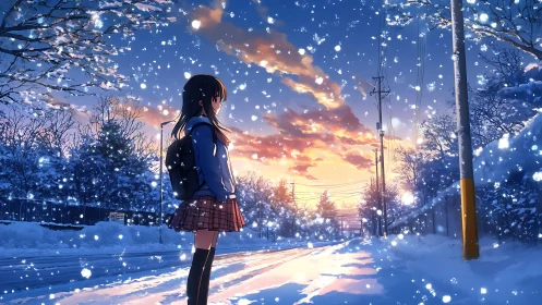 Schoolgirl observes silent winter street at vivid sunset