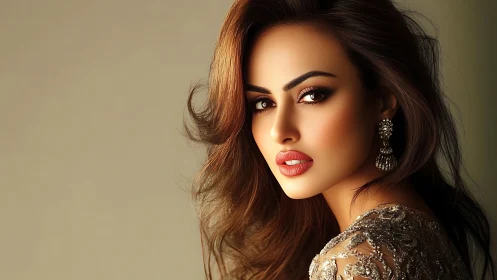 Digital portrait of woman in ornate dress against plain wall.