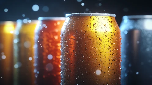 Chilled soda cans with condensation under studio lights.