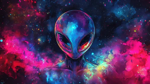 Starlit alien visitor glows gently within a neon cosmic cloud