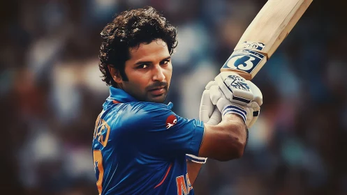 Cricket hero locks eyes with camera, bat poised mid-swing.