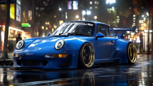Midnight blue street racer humming through neon drizzle.