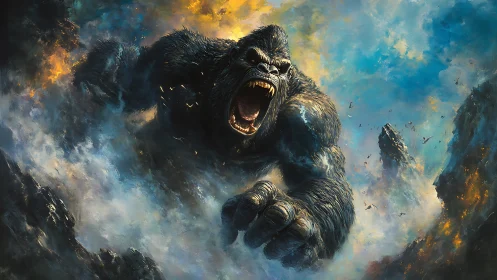 Giant roaring gorilla charges through smoky, fiery clouds.