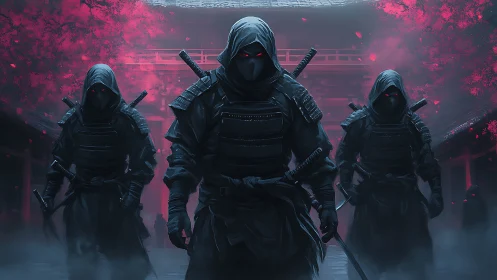 Shadow-clad ninjas emerge under crimson temple bloom.
