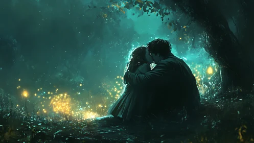 Luminescent Embrace: Figures in Ethereal Cave Setting.