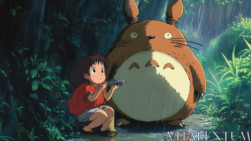 Child and forest spirit share a quiet moment in warm rain