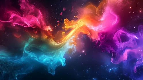 Vibrant multicolor nebula-like clouds on dark space field.