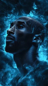 Gazing upward, a determined figure glows in electric blue light