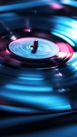 Spinning vinyl record reflects neon blue and pink light