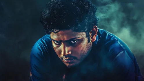 Intense male portrait with dramatic teal smoke lighting