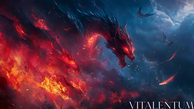 Fiery dragon form emerges within contrasting storm clouds