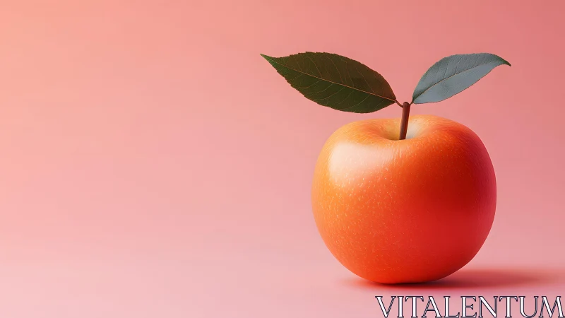 Realistic orange apple with green leaves on pink gradient background.