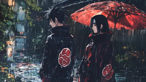 Crimson cloaks stride through rain-soaked ninja twilight.