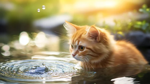 Orange Tabby Cat Observing Water Droplets in Natural Garden Setting.