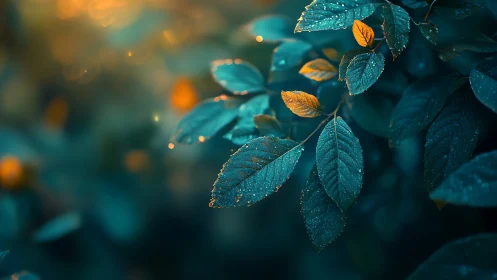 Macro lens captures wet teal and orange leaves in shallow focus