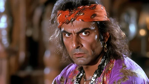 Intense man in bright bandana holds a bold, unflinching gaze