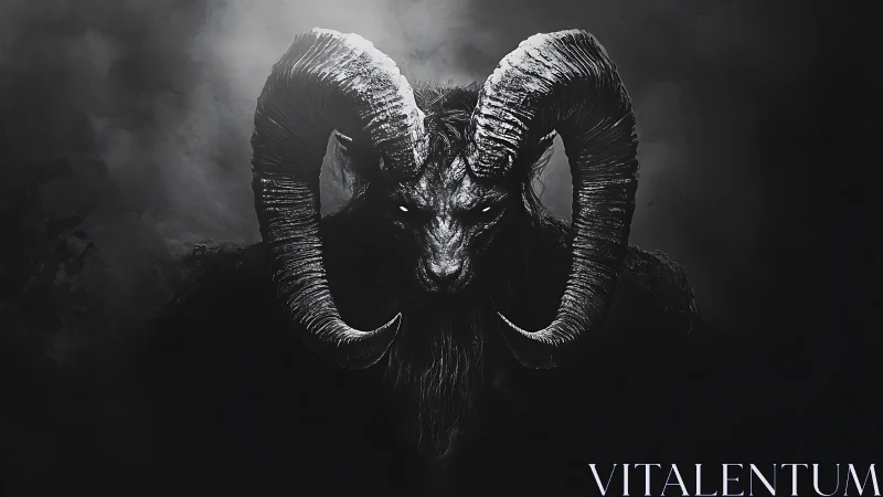 Brooding horned guardian emerging from swirling shadowed mist.