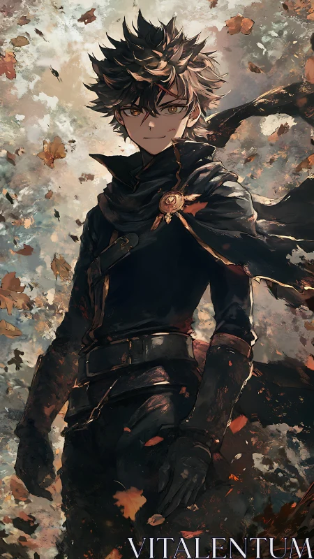 Dark-clad anime boy stands in swirling autumn leaves
