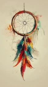 Colorful dreamcatcher art glows softly with flowing feathers