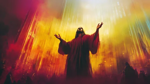 Mystic robed figure ascends within radiant golden light