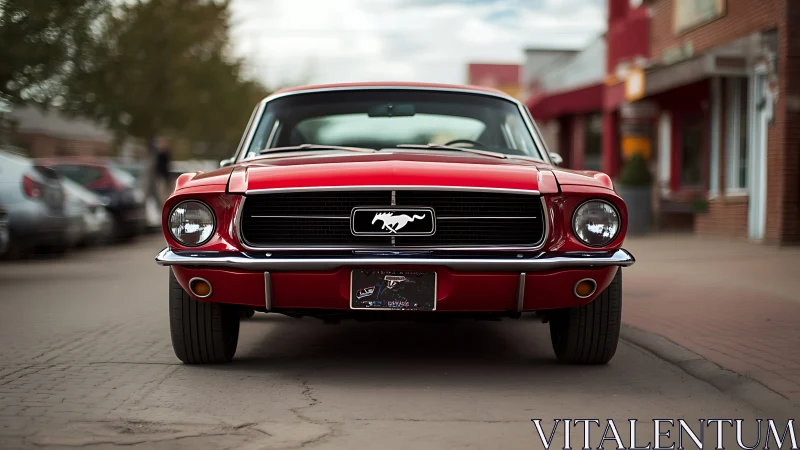 Red classic Mustang faces camera on quiet urban street