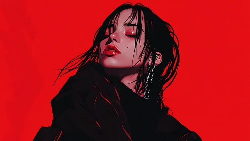 Confident woman in bold red portrait with glossy flair.