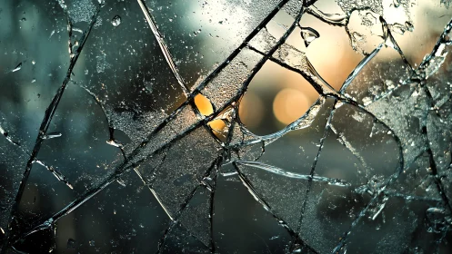 Close-up of Broken Glass with Abstract Light Reflections.