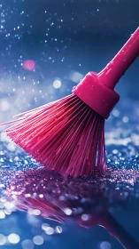 Pink cleaning brush on wet reflective surface in blue light.
