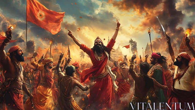 Crowd of robed devotees raising arms in fiery celebration.