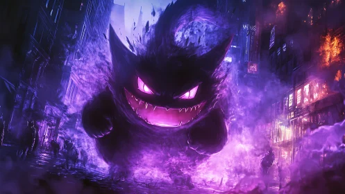 Neon spectral titan in purple-lit urban chaos composition.