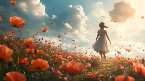 Girl walks through glowing poppy field under stormlit skies