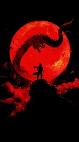 Silhouetted warrior stands before coiled dragon and red moon
