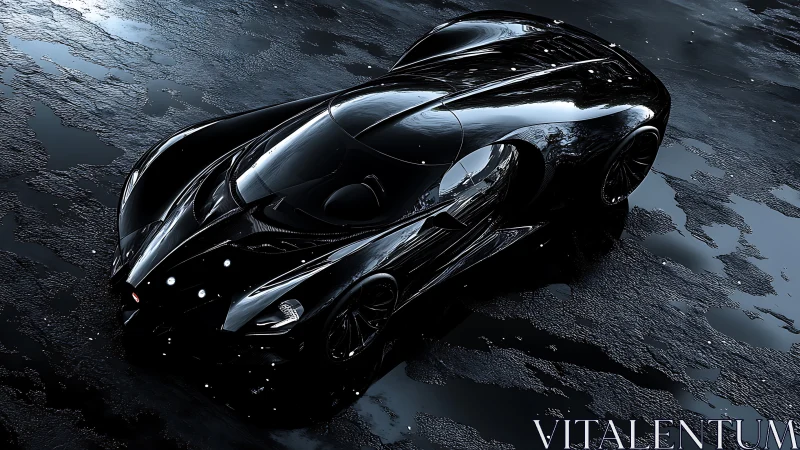 Futuristic black sports car render shows wet reflective surface