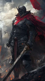 Armored dark knight with red cape in burning battleground.