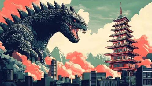 Colossal kaiju confronting pagoda over stylized cityscape.