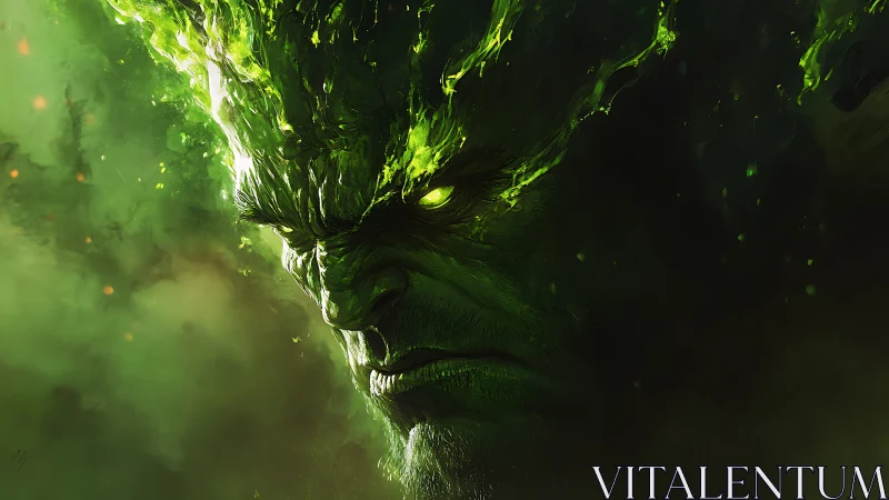 Brooding emerald spirit emerging from swirling green fire.