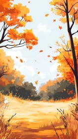 Autumn forest path shows orange foliage under clear sky