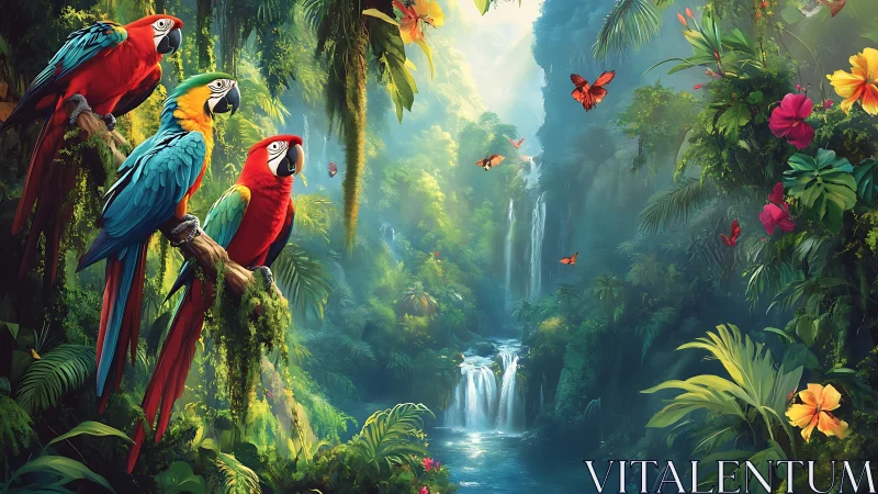 Scarlet macaws survey lush jungle valley with waterfalls
