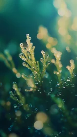 Dewlit moss fronds rising like tiny emerald chandeliers.