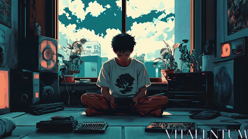 Quiet afternoon gamer enjoys sunlight and soft city views