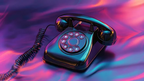 Retro rotary phone under neon iridescent lighting glow.