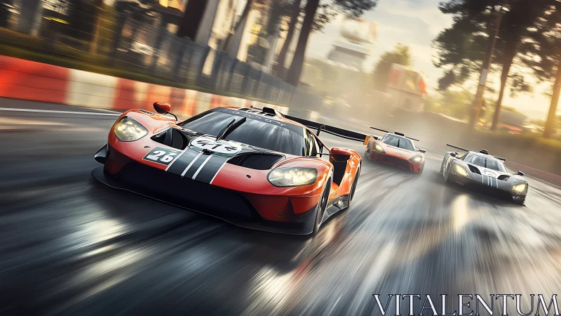 Racing supercars charge forward on a glistening wet track.